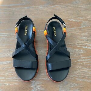 Prada Nappa Leather Adjustable Strappy Platform Flat Black Sandals EU39 US8